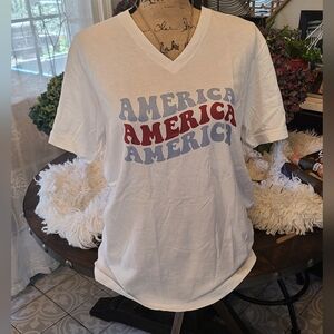 Stacked Wavy America White V-Neck T-shirt - XL